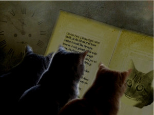Three cats reading Alice in Wonderland