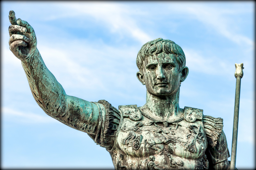 A statue of Augustus Caesar in front of the site of the Forum of Augustus, Rome, Italy.
