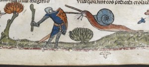 Knight v Snail V: Revenge of the Snail (from the Smithfield Decretals, southern France (probably Toulouse), with marginal scenes added in England (London), c. 1300-c. 1340, Royal MS 10 E IV, f. 107r) | Medieval Manuscripts Blog, British Library, Sarah J. Biggs