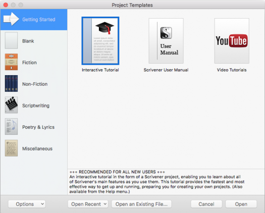New project window (Mac)