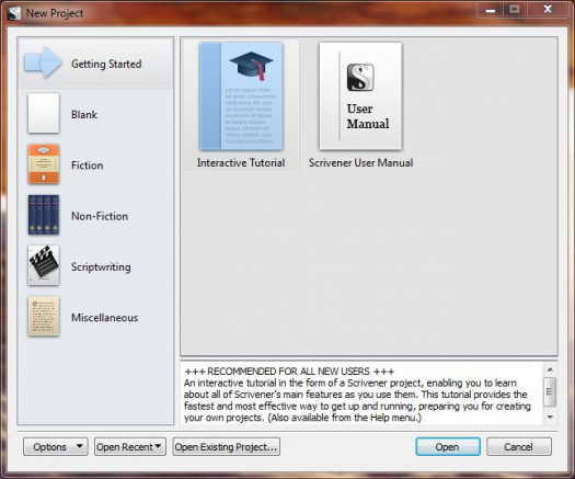 new project window (PC)