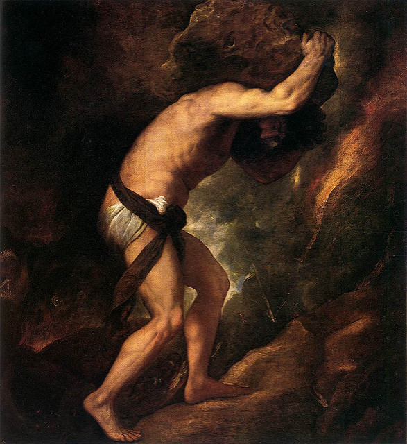 Painting of Sisyphus rolling a boulder up a hill