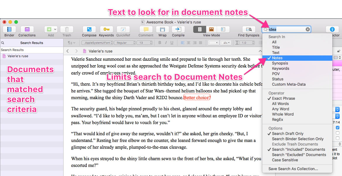 using project notes to search document notes