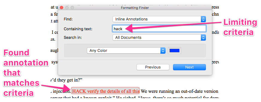 formatting finder and found annotation
