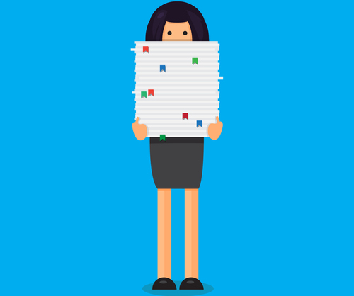 vector of woman carrying a stack of papers that reaches to her nose