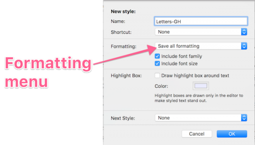 Styles panel with Formatting menu annotated