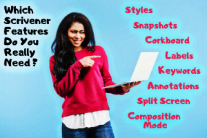 Young Black woman wearing a pink sweater, giving skeptical look to the laptop in her hand. Title to her left reads, "Which Scrivener Features Do You Really Need?" Words floating to the right read: "Styles, Snapshots, Corkboard, Labels, Keywords, Annotations, Split Screen, Composition Mode."