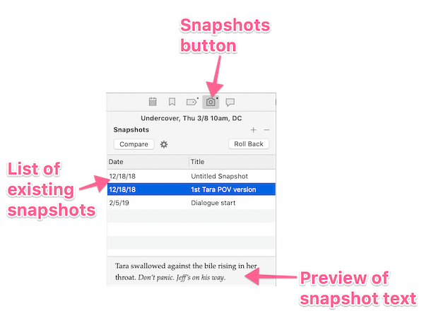 annotated screenshot of the snapshots pane in Scrivener