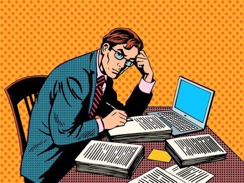 Writer editor journalist academic thesis paper laptop pop art retro style. A stack of documents. Office work