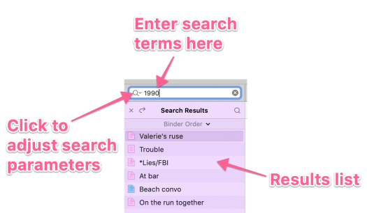annotated search box and results list