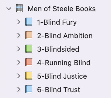 screenshot of series' books in Scrivener Binder
