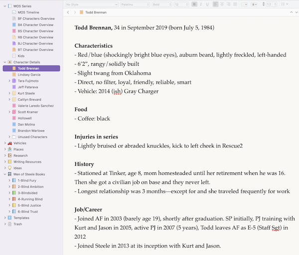 screenshot of a character's sketch sheet in Scrivener