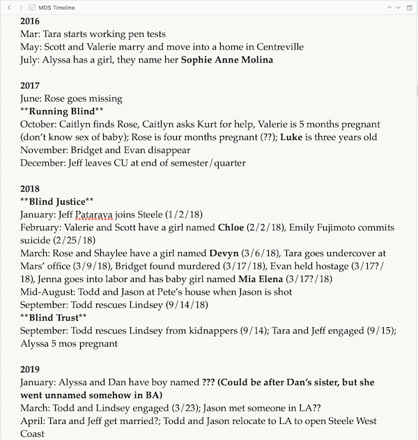 screenshot of part of the series timeline with year headings and month details beneath
