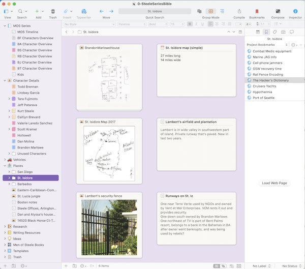 screenshot of series bible in Scrivener displaying items on the Corkboard