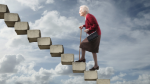 image of elderly woman climbing stairs