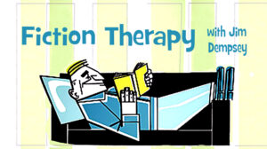 Fiction Therapy logo with a cartoon man on a couch reading a book