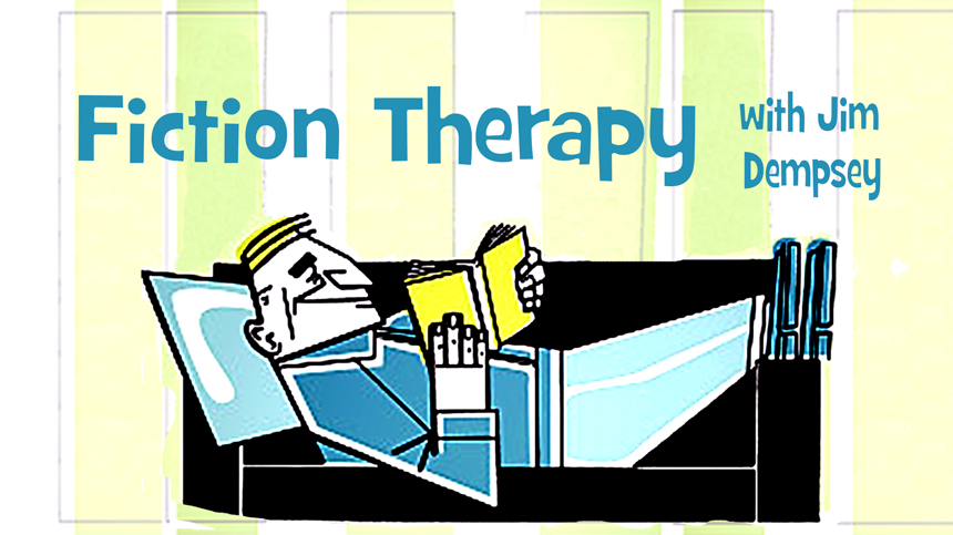 Fiction Therapy logo with a cartoon man on a couch reading a book