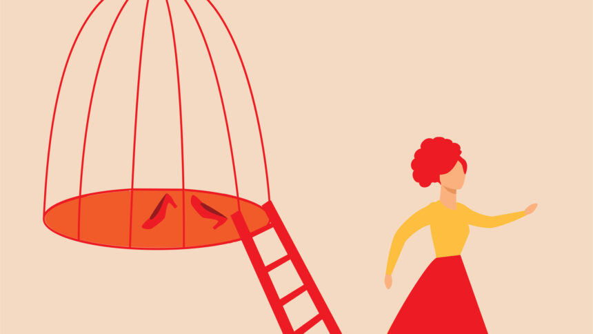 An image of a woman leaving a cage.