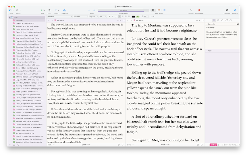 Scrivener editor split vertically