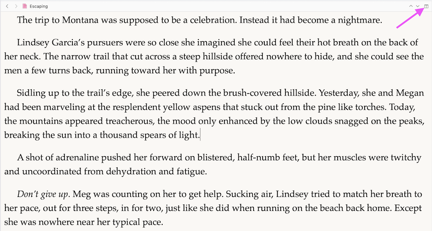 Scrivener editor with arrow pointing to the Split button