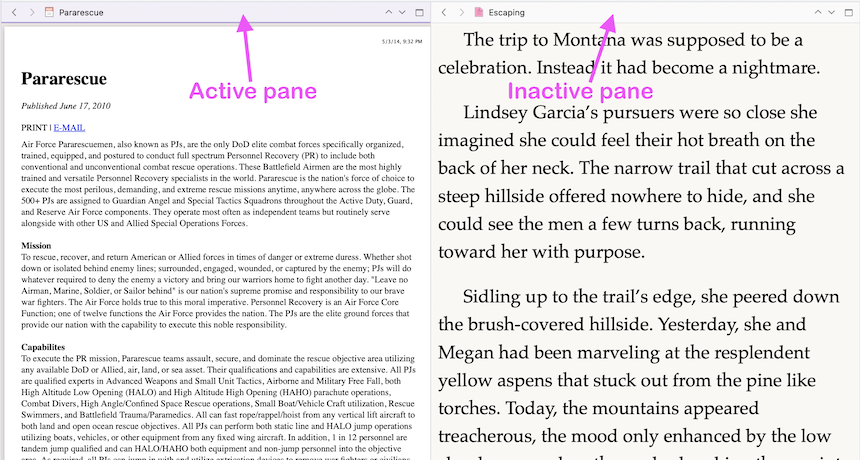 Scrivener editor split with arrows designating the active and inactive panes