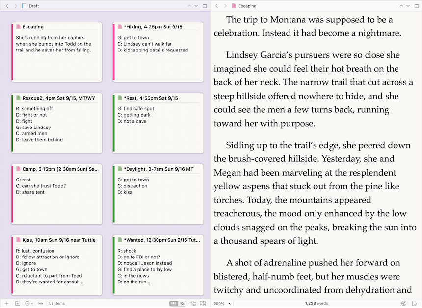 Scrivener window split with cork board in left pane and document in right pane