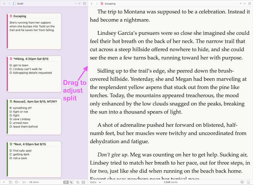 Scrivener screen split with smaller portion on the left displaying the cork board and a document on the right, with an arrow pointing to the line to drag