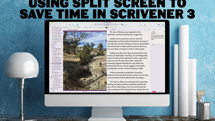 title graphic with computer monitor displaying split screen in Scrivener with a blue wall behind it, and a white lamp next to it