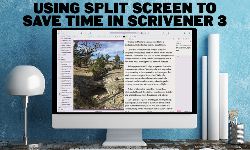 title graphic with computer monitor displaying split screen in Scrivener with a blue wall behind it, and a white lamp next to it