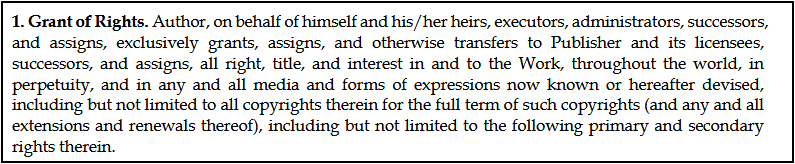 Example of a grant of rights clause that transfers "all right, title, and interest in and to the Work" to the publisher