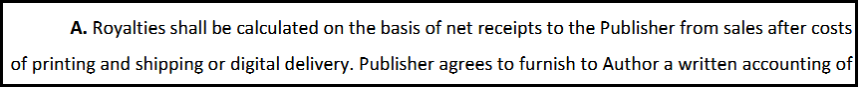 Example of a net profit royalty clause where only costs of printing and shipping are deducted from sales receipts