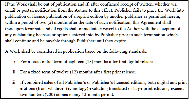 Example of good reversion language that ties "out of print" to minimum sales 