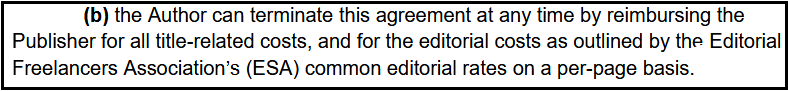 Example of an early termination clause that requires author to pay "all title-related costs" including editorial costs