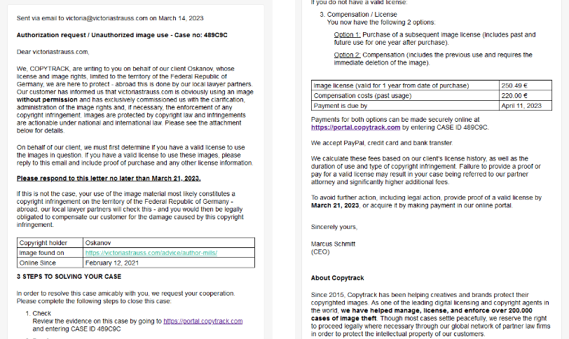 Infringement notification from CopyTrack, with link to the location of the supposedly infringed image and link to CopyTrack's Settlement Portal