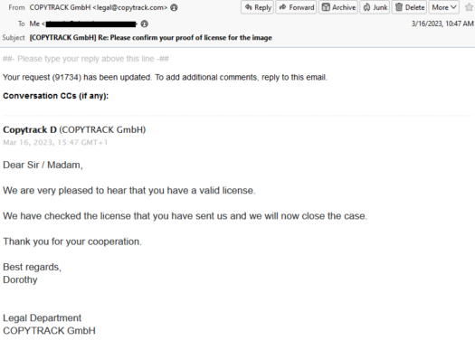 Screenshot of CopyTrack's email closing the case