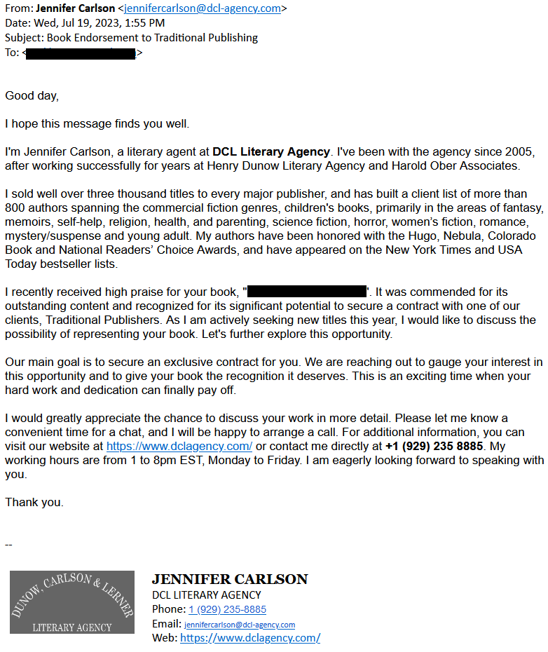 Solicitation email impersonating Jennifer Carlson of DCL Literary Agency