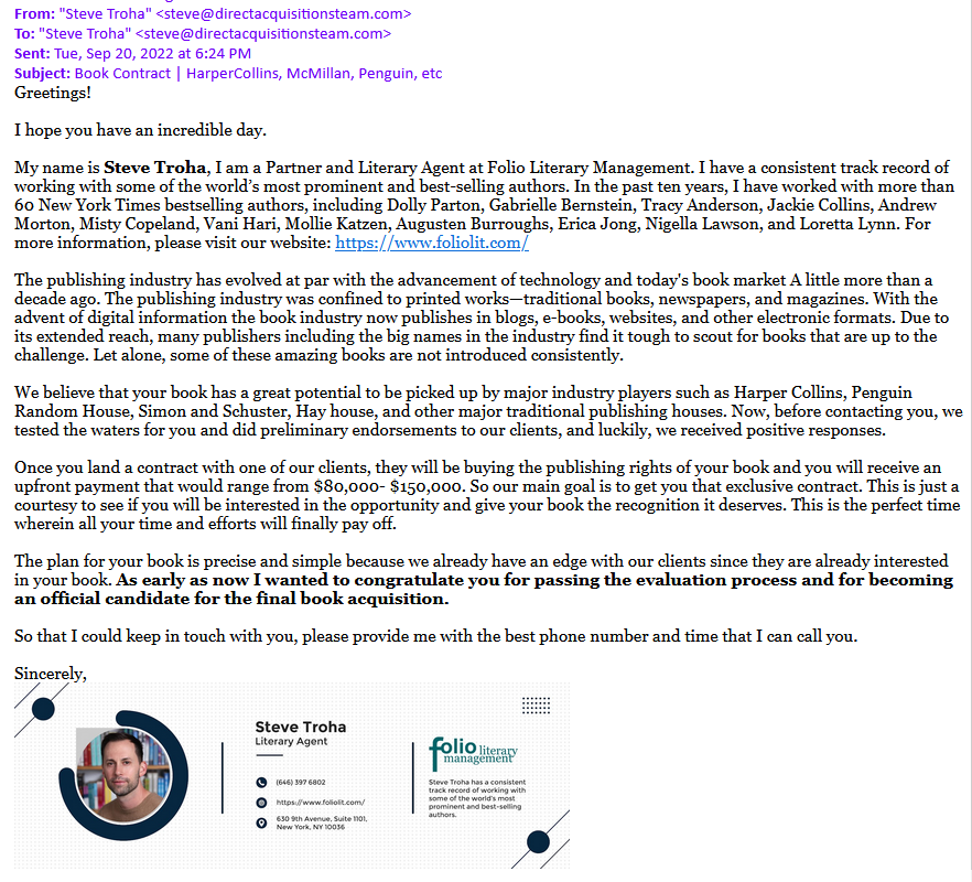 Solicitation impersonating literary agent Steve Troha of Folio Literary Management