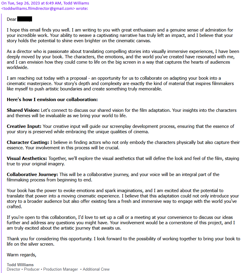 Solicitation email impersonating film director and producer Todd Williams