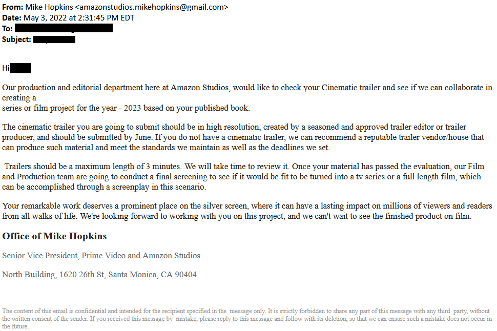 Solicitation email impersonating Mike Hopkins of Amazon Studios