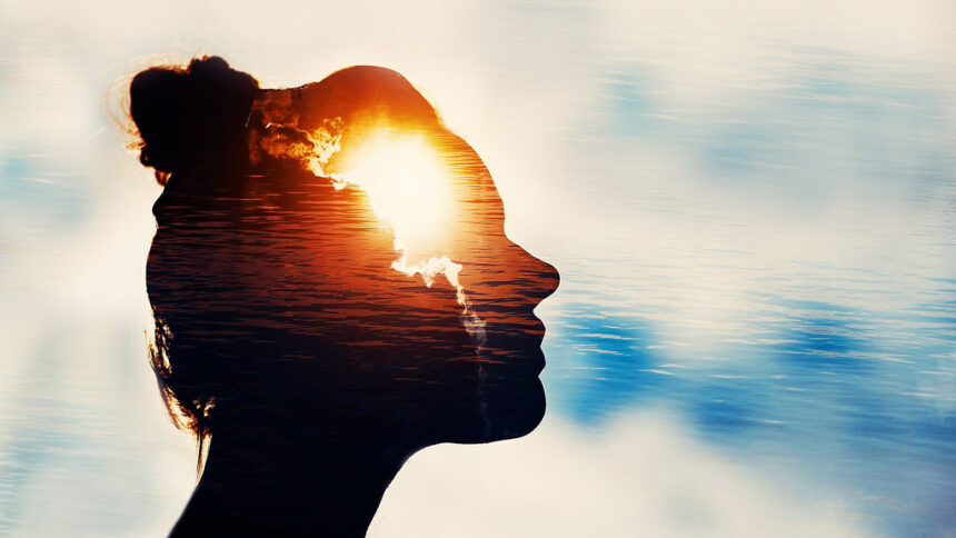 Image of a woman's head in silhouette against a white / blue background, perhaps a sky. Where her brain would be is an image of light, like a sun peeking through the clouds.