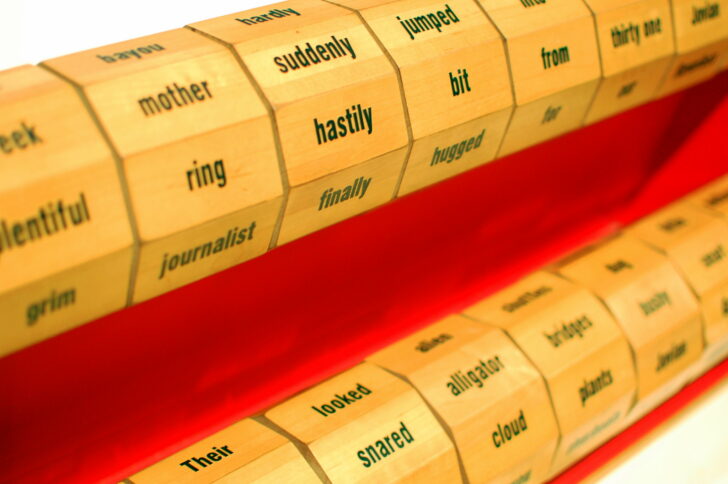 This shows a bunch of single words rotating tiles. The tiles can be "spun" to form random sentences. 