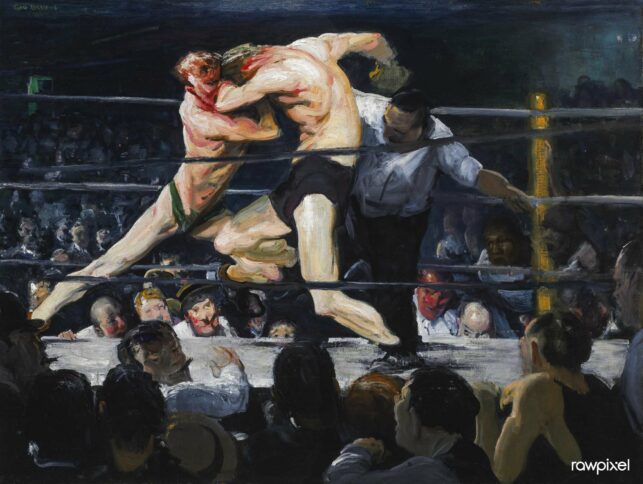 Painting of two men boxing violently in a ring with a referee intervening and a crowd watching.