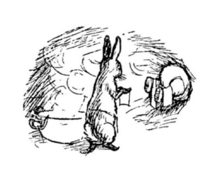AN illustration of Rabbit hanging his washing on Winnie-the-Pooh's legs.