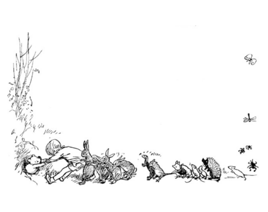 An illustration of everyone in the woods pulling Winnie-the-Pooh out of his stuck state.