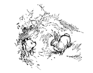 An illustration of Rabbit looking at Winnie-the-Pooh, who is stuck in Rabbit's front door.