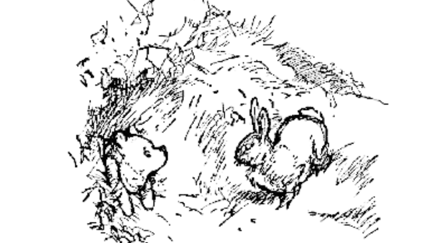 An illustration of Rabbit looking at Winnie-the-Pooh, who is stuck in Rabbit's front door.