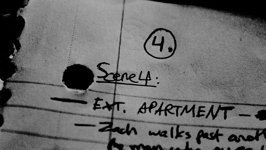 Torn piece of spiral notebook paper with handwritten screenplay scen 4. EXT. apartment.