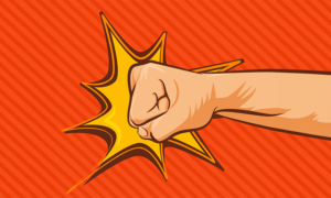 Cartoon fist on field of red and orange stripes