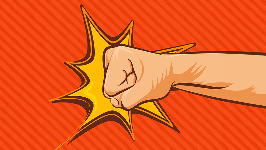 Cartoon fist on field of red and orange stripes