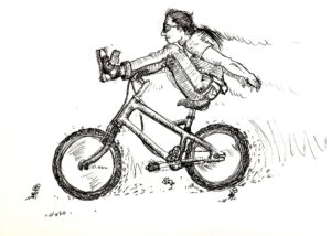 Black and white drawing of a person joyfully riding a bike, arms outstretched, steering with their feet up on the handlebars.